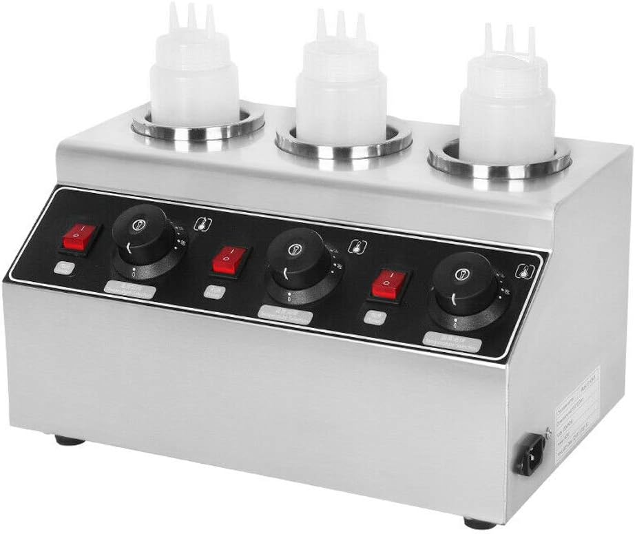 DNYSYSJ Commercial Electric Hot Sauce Jam Bottle Warmer, 3 Bottles 240W Preservation Machine Electric Hot Cheese Chocolate Soy Sauce Heater Stainless Steel Topping Dispenser