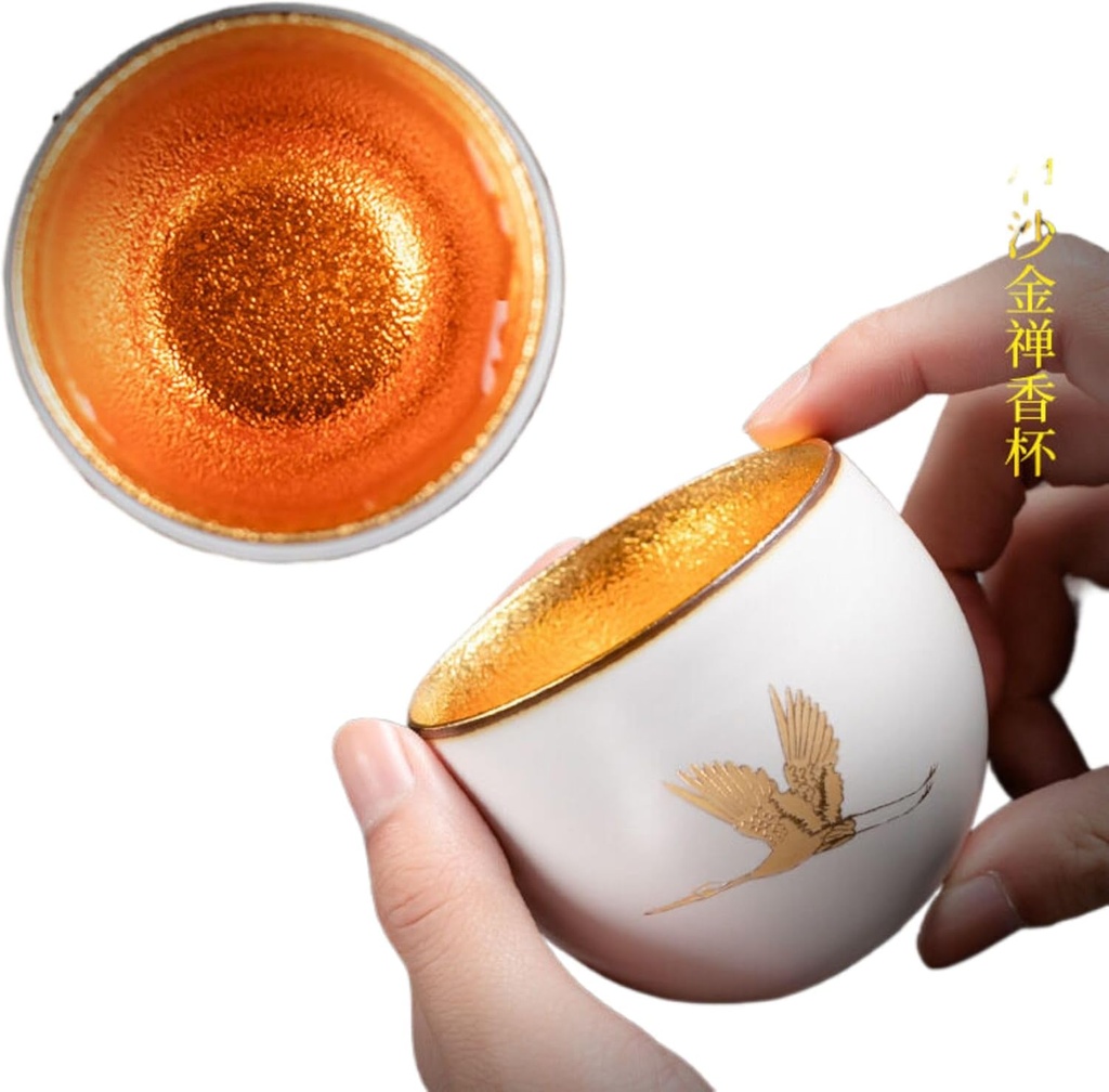 Z279 Portable Tea Set Home,Traveling 汝窑24k黄金盏 大号茶杯主人杯 Loose Leaf Tea cup 单杯开片 Ceramic Tea Cup,陶瓷鎏金杯 Tea Set Sake Cup 单杯礼盒