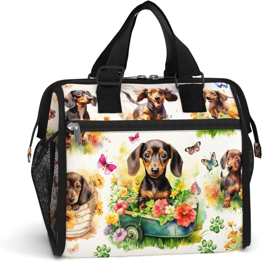 84hoods Insulated Lunch Bag for Women. Large Lunch Box for Work Office Travel Picnic with Adjustable Strap. Gift for Dachshund Lovers Owners. Flowers Garden.