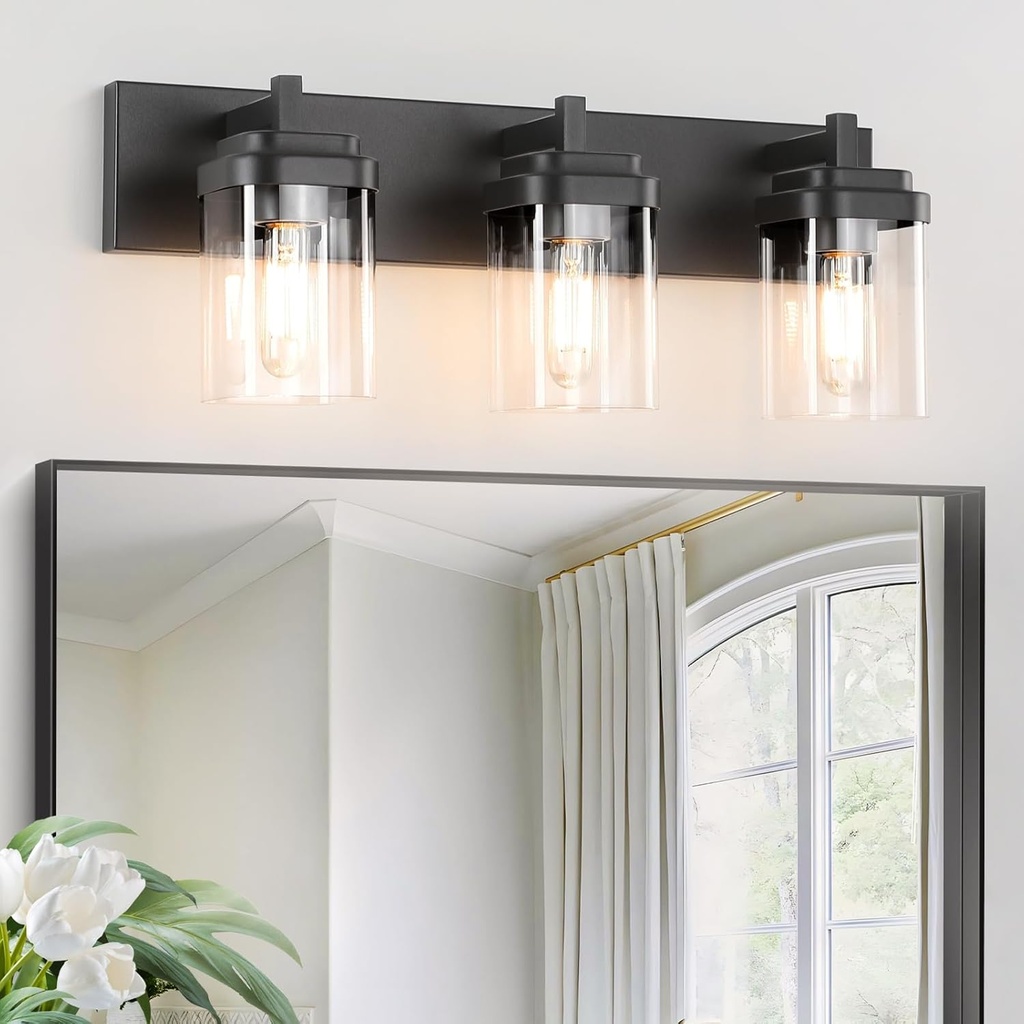 SineRise Vanity Light Fixture,3-Light Vanity Light for Bathroom,Matte Black Bathroom Vanity Lighting Over Mirror with Square Clear Glass Shade for Restroom