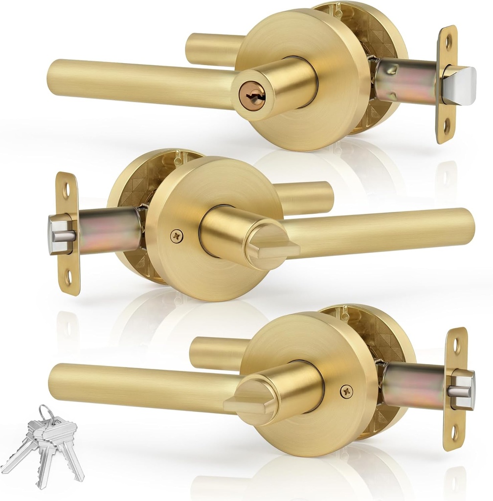 3 Pack Brushed Gold Door Handles Interior（Keyed Alike）， Keyed Entry Gold Door Handles with Lock and Same Key, Heavy Duty Round Gold Door Levers for Bedroom、Bathroom,Satin Brass