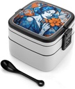 Draw A Woman Bento Box Adult Lunch Box All-in-One Lunch Containers with Removable Compartments Double Layer Bento Lunch Box with Spoon And Handle Stackable Lunchbox