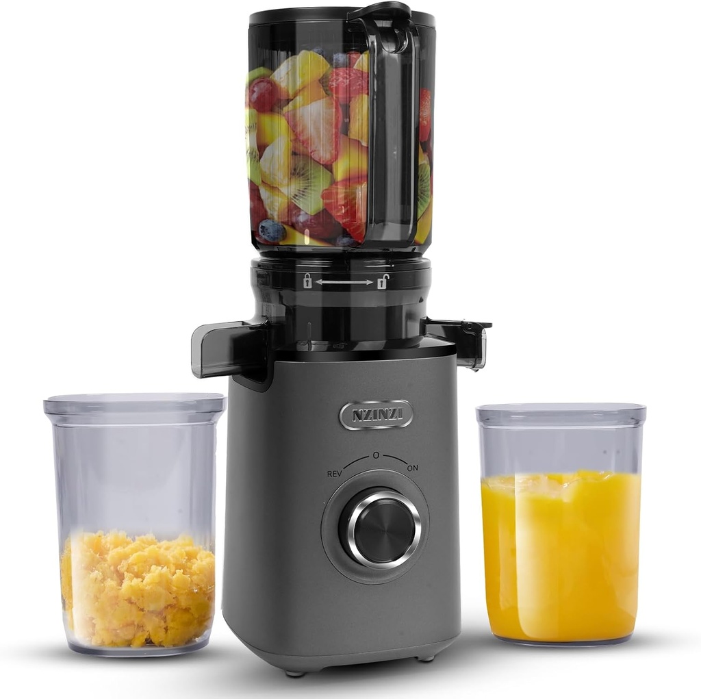 BPA Free Cold Press Juicer, Slow Juicer Machine Easy to Clean, Self-Feeding Masticating Juicer with Large Feed Chute for Whole Fruits and Vegetables, High Juice Yield, Gray