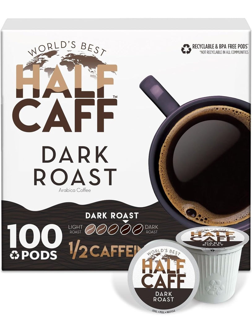 World's Best Half Caff Dark Roast Coffee Pods, 100 ct, Recyclable Single Serve Pods – 100% Arabica Coffee, Compatible with Keurig K Cups Maker