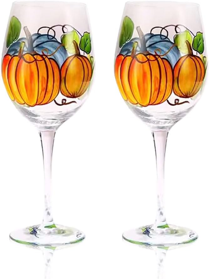 LYFJMUS 2 Pack Hand Painted Pumpkin Fall Thanksgiving Wine Glasses Fall Autumn Pumpkin Goblets with Stem for Thanksgiving Hostess