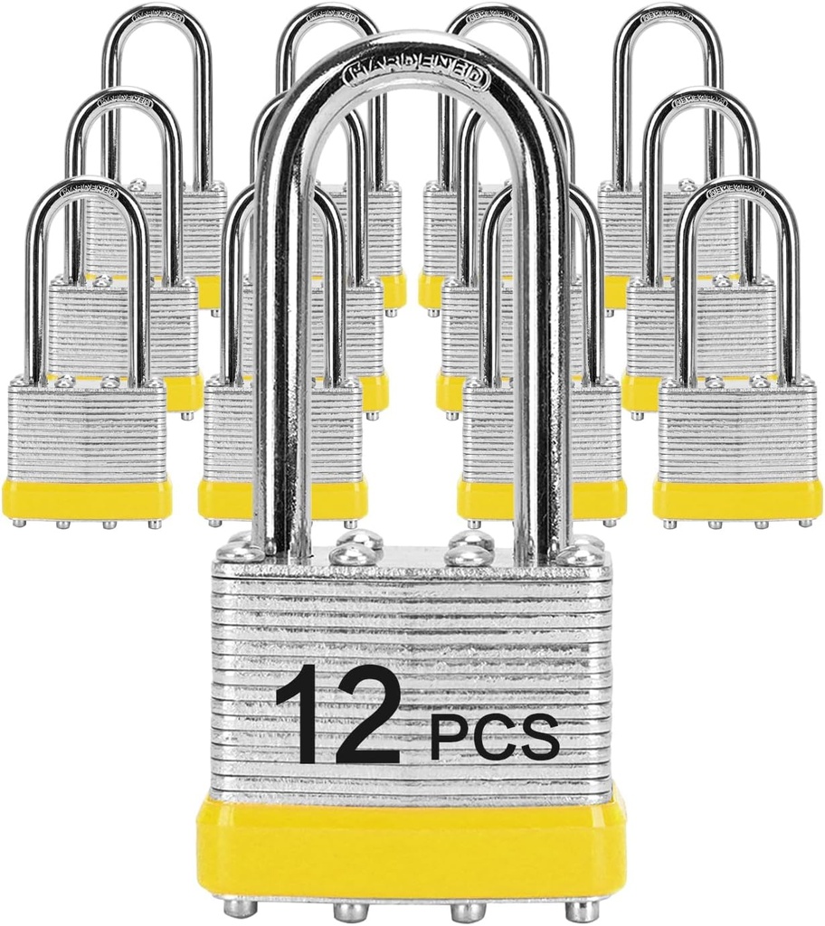 Padlocks with Same Key, LQYN 12 Pcs Laminated Keyed Padlock (1-9/16", 40mm), Keyed Alike Locks, Long Shackle, for Storage Locker, Hasp Latch, Toolbox, Sheds
