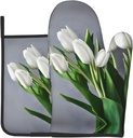 White Tulips Flowers Print Oven Mitt & Pot Holder Set, A Must-Have for Kitchen Oven Microwave Grill