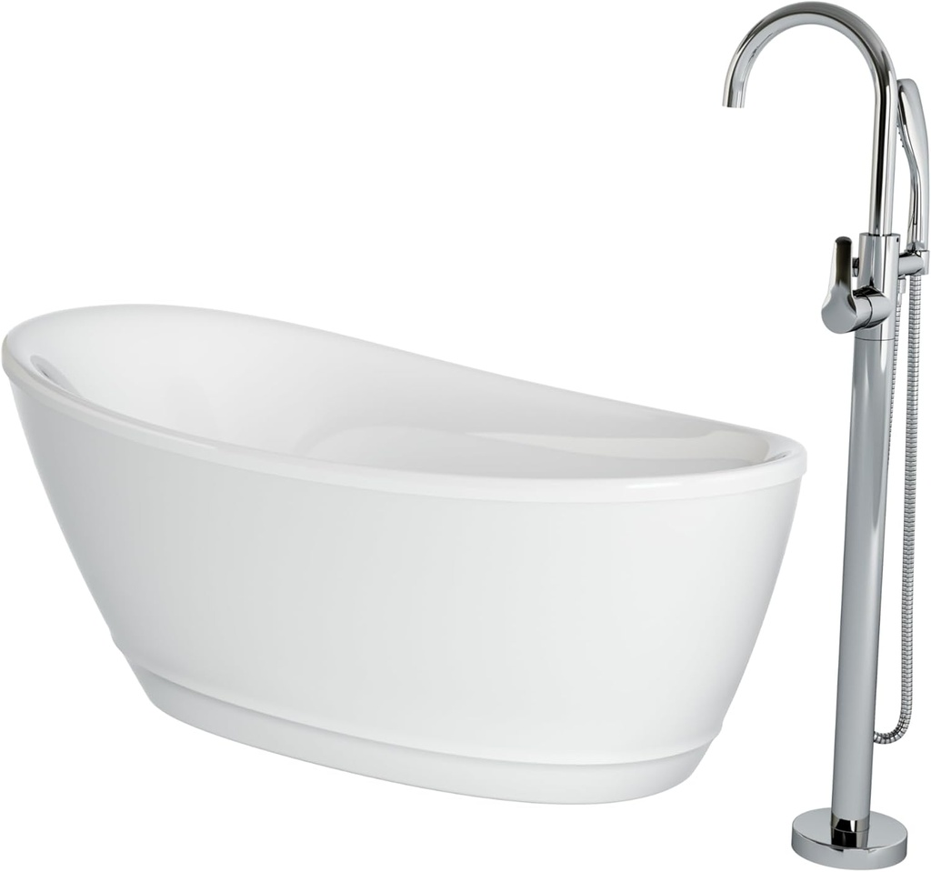 JACUZZI JOHANNA, 59" L x 30" W, Freestanding Soaking White Bathtub, High-Gloss Acrylic with Chrome Round Tub Filler, Universal End Drain (Faucet and Handshower Included)