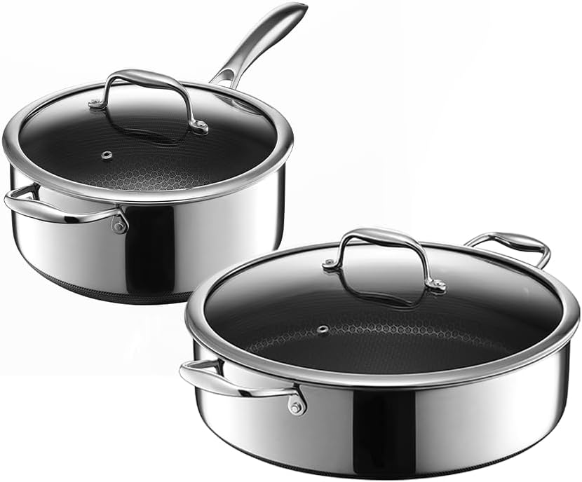 HexClad Hybrid Nonstick 4-Piece Cookware Set, 5Qt Saucepan with Lid and 7Qt Chicken Fryer with Lid, Stay-Cool Handles, Dishwasher and Oven-Safe, Induction Ready, Compatible with All Cooktops