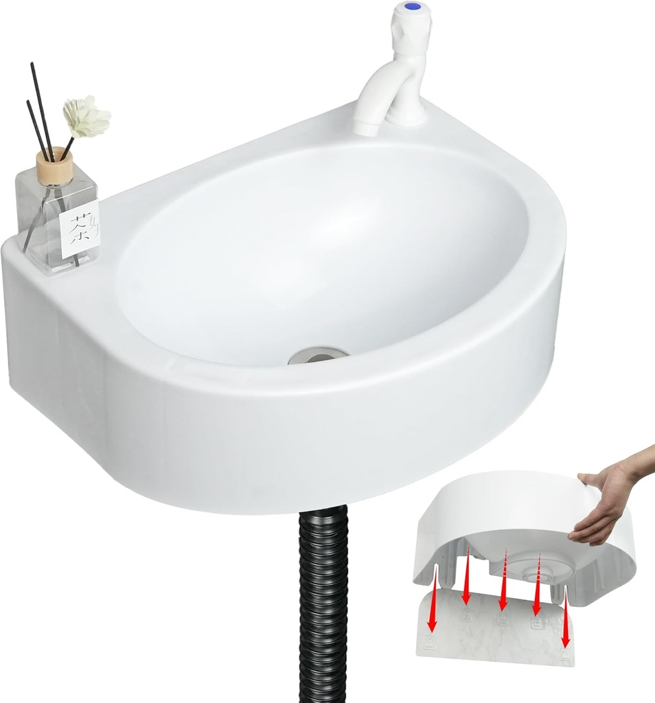 Wall Mount Bathroom Sink 17.7"x13.4" No-Drill Installation Self-Adhesive Wash basin with 1.26 Faucet Hole Bathroom Sinks Floating Vanity Sink for Lavatory Room Basin Plastic Rv Sink for Home Garage