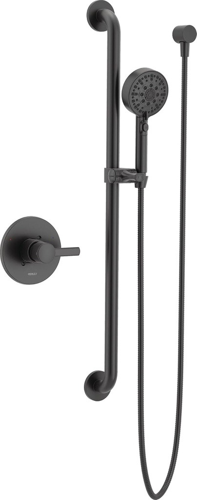 Peerless 6-Setting Slide Bar Hand Shower and Single-Function Valve Trim, Matte Black Shower System, Hand Held Shower with Hose, Shower Valve and Trim Kit, Matte Black PTT24347-BL (Valve Not Included)