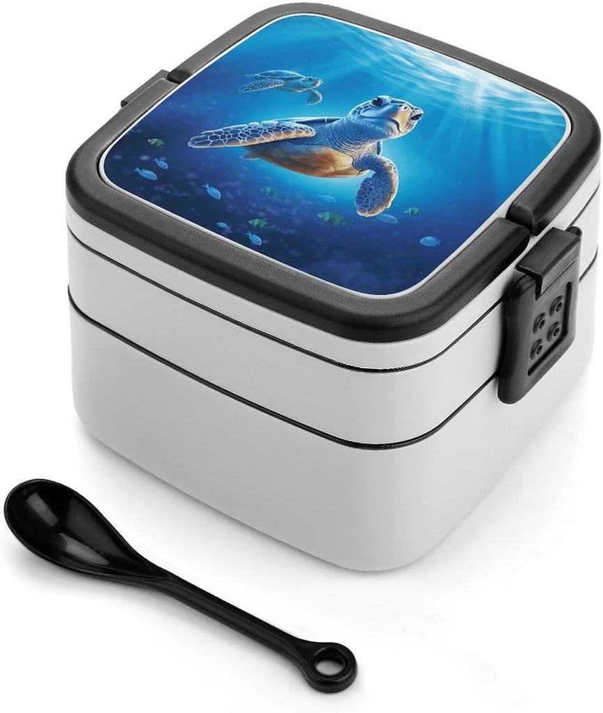 Stackable Double-Layer Bento Box Turtle in Blue Water Adults Lunchbox With Spoon Cute Japanese Bento Box Dishwasher Safe for Work Travel Dining Outc