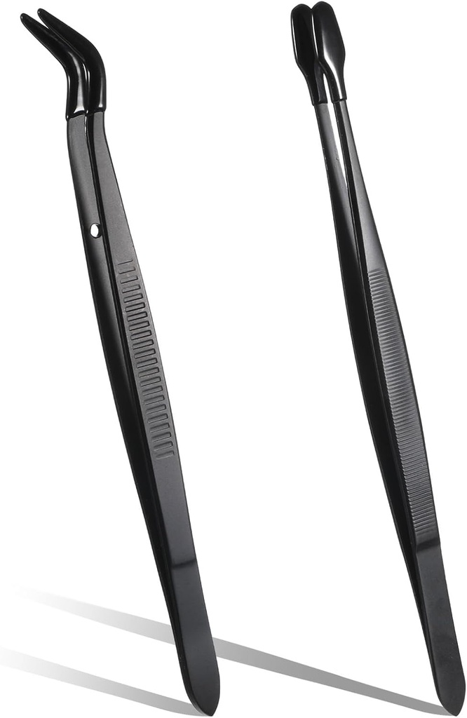 Rubber Tipped Tweezers, 2 Pcs Silicone Coated Long Bent and Straight Flat Tip Craft Tweezers Stainless Steel Precision Tweezer Set for Lab Electronic Industrial Stamps Coin Beads Jewelry (Black)