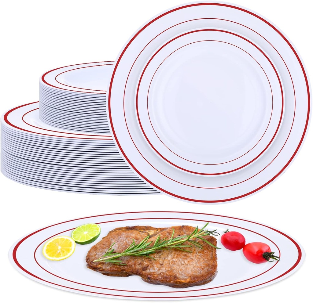 Patelai 50 Pcs Plastic Plates Disposable for Party Disposable Dinnerware Set 25 Guests 10.25", 7.5" Heavy Duty Plastic Dinner Plates with Rim for Wedding Party Christmas(Red Rim)