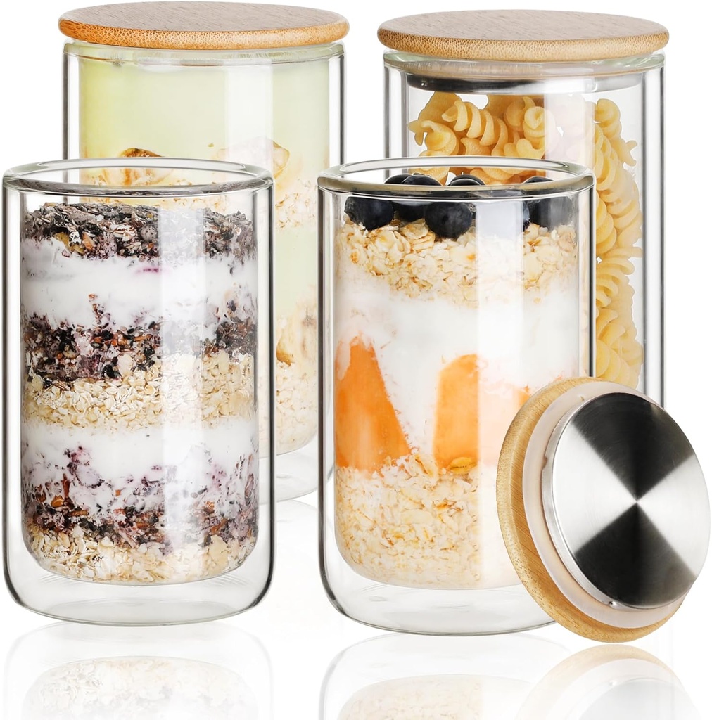 LIBWYS 4 Pack Overnight Oats Containers with Bamboo & Stainless Steel Lids, 15oz Meal Prep Jars - Double Walled High Borosilicate Glass jars for Overnight Oats, Chia Pudding， Salad