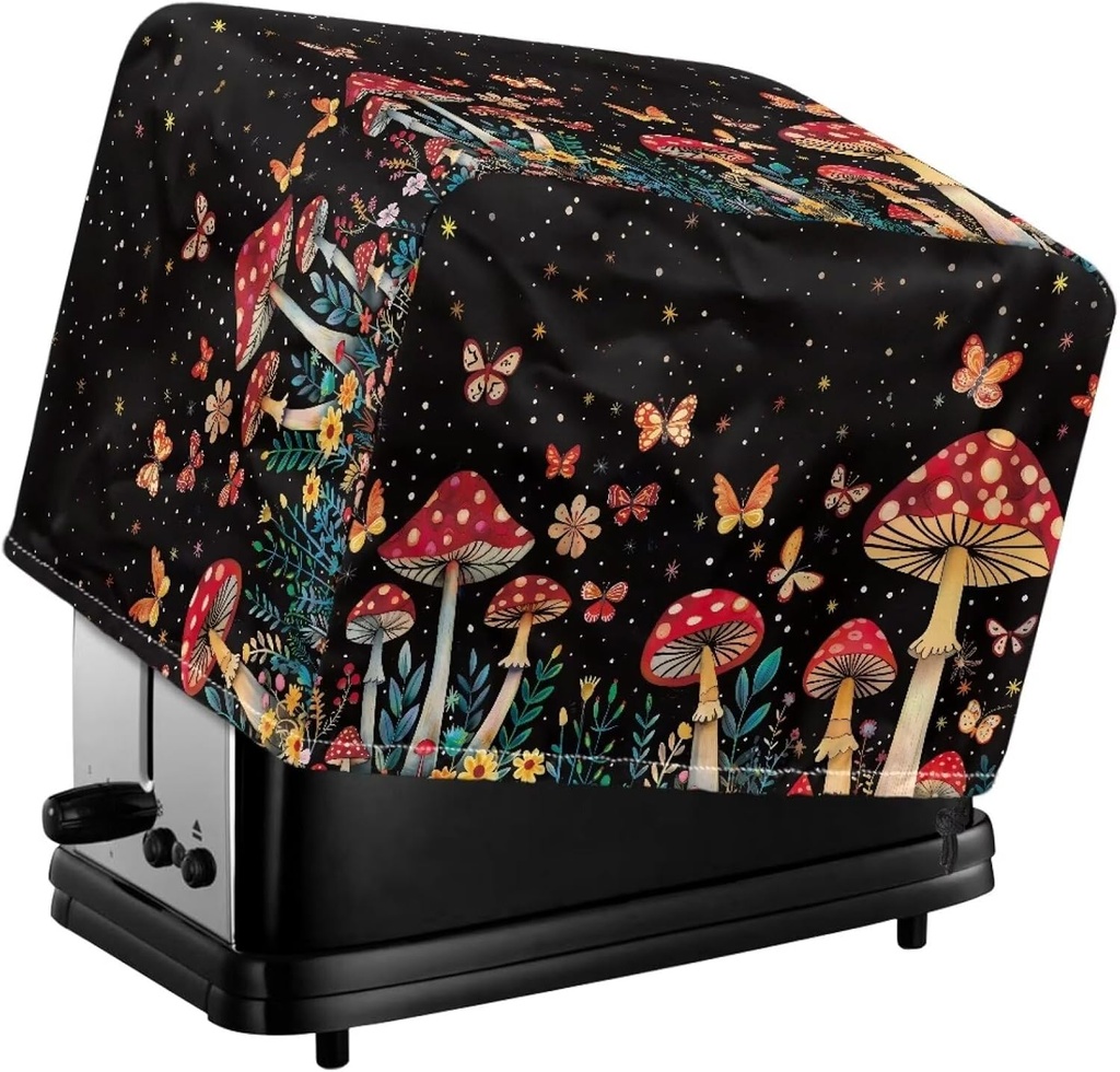 Talayituse Mushroom Butterfly Print Toaster Cover Bread Toaster Oven Dustproof Cover with Adjustable Drawstring Bottom, Universal Size Microwave Toaster Oven Cover for 2 Slice Toasters, S