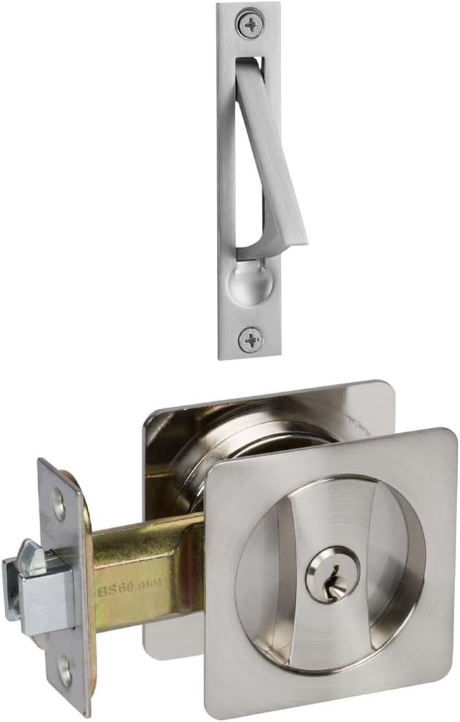 Delaney Hardware 370009 Contemporary Entry Square Pocket Lock - Satin Nickel, Silver Pocket Door Lock with Key