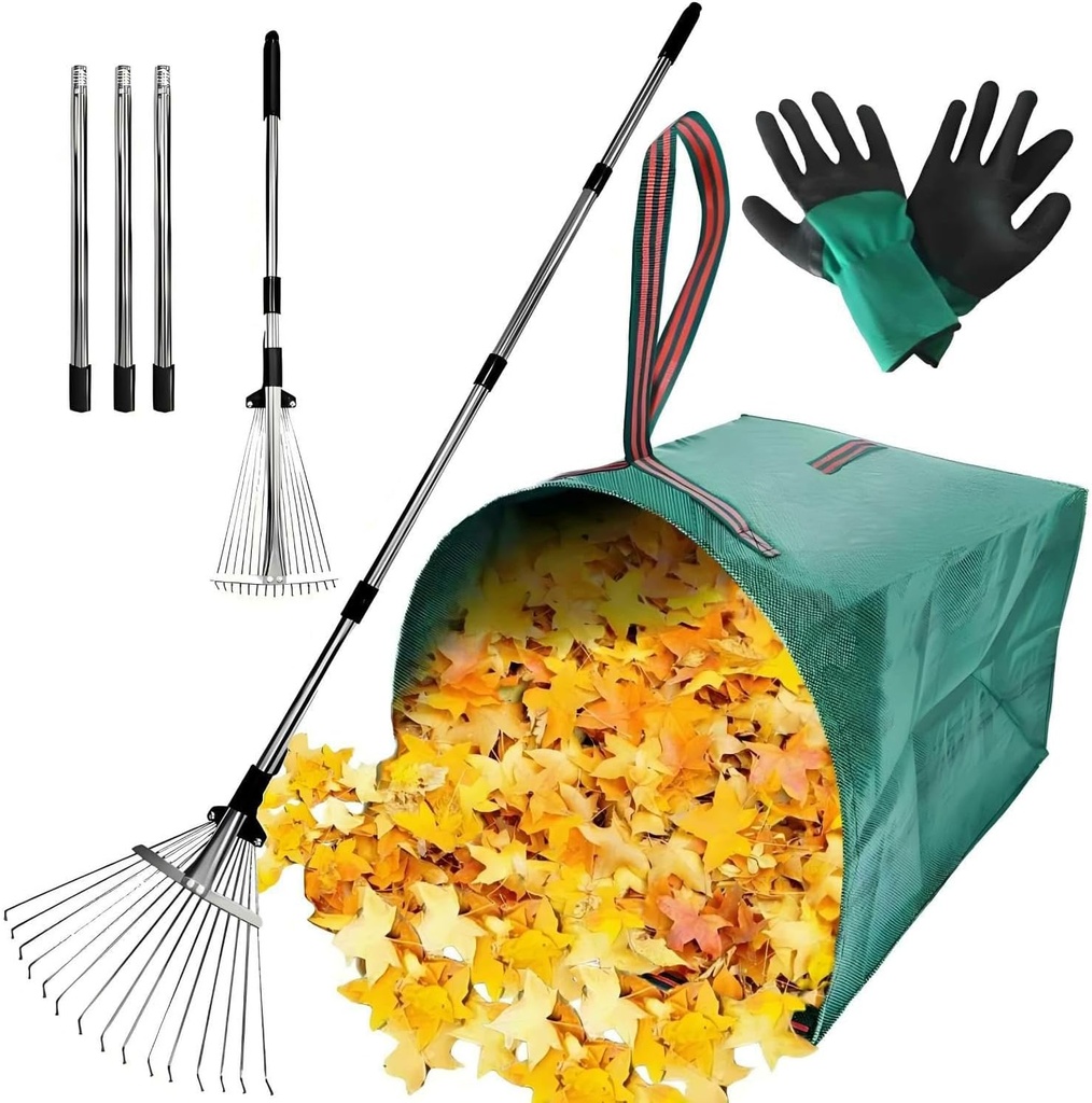Leaf Rake for Lawns with 53 Gallon Dustpan-Type Leaf Bags,Heavy Duty Metal Garden Yard Rake Long Handle with Expandable Head 7-14" for Gardening Outdoor Camping Shrub Grass Bush Weed