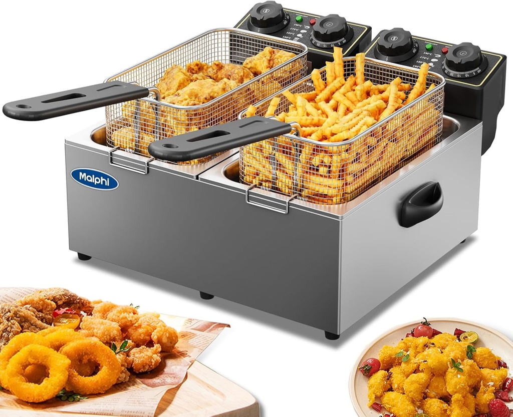 6 Litre Malphi Deep Fat Fryer Adjustable Temperature, Chip Pans - Basket & Lid - Fast 2000w High Power, Electric Oil Pot - Overheat Protection & Timer (3L+3L-Double Deep Fat Fryer Electric)