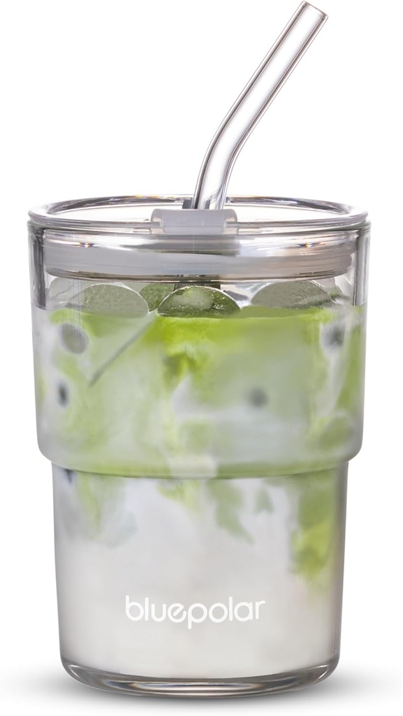 13oz/400ml Glass Water Tumbler with Straw and Lid Sealed Carry On Thick Wall Iced Coffee Cup Glass Cup for Water, Iced Tea Fruit Juice Etc(Aurora White