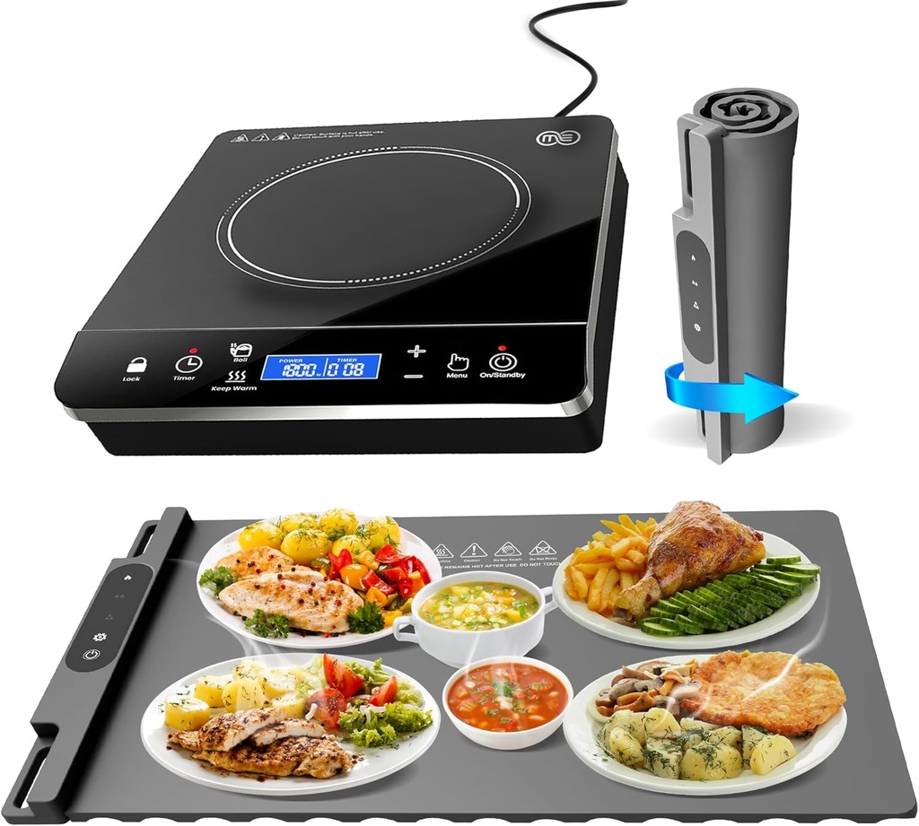 OMEO Portable Single Induction Cooktop 1800 Watts Induction Burner with LCD Sensor Touch and Grey Electric Warming Tray with 3 Temperature Setting, 1-4 hours Timer and Auto Shut-off for Kitchen