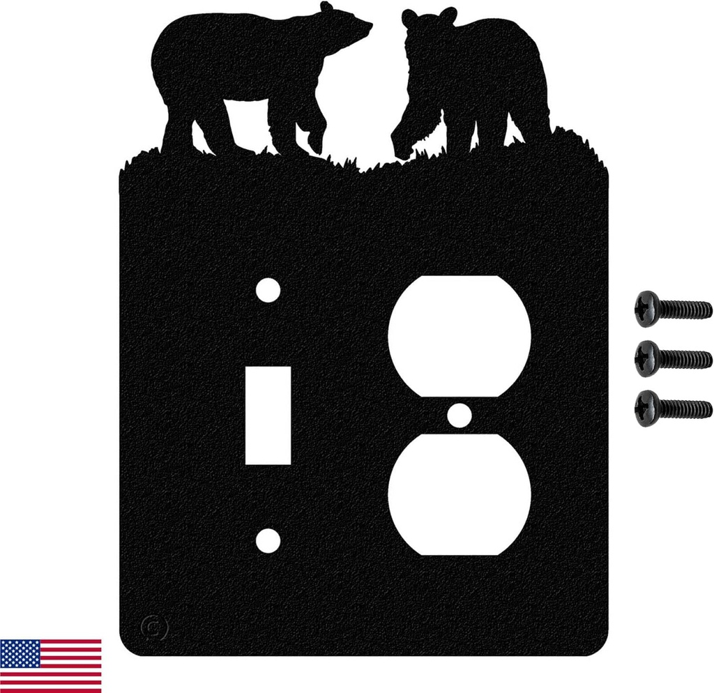 Innovative Fabricators, Inc. Bear Toggle Light Switch & Single Duplex Wall Plate (Single Toggle with Power, Black) - Made in USA