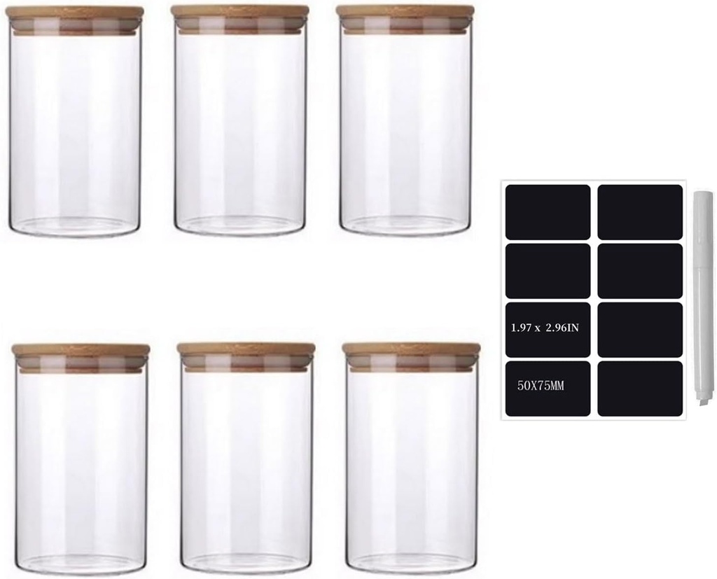 Bamboo Lid Airtight Storage Jars 22oz (Set of 6), Food Canisters for Coffee, Sugar, Tea, Candies, Cookies – Perfect for Kitchen & Pantry Organization