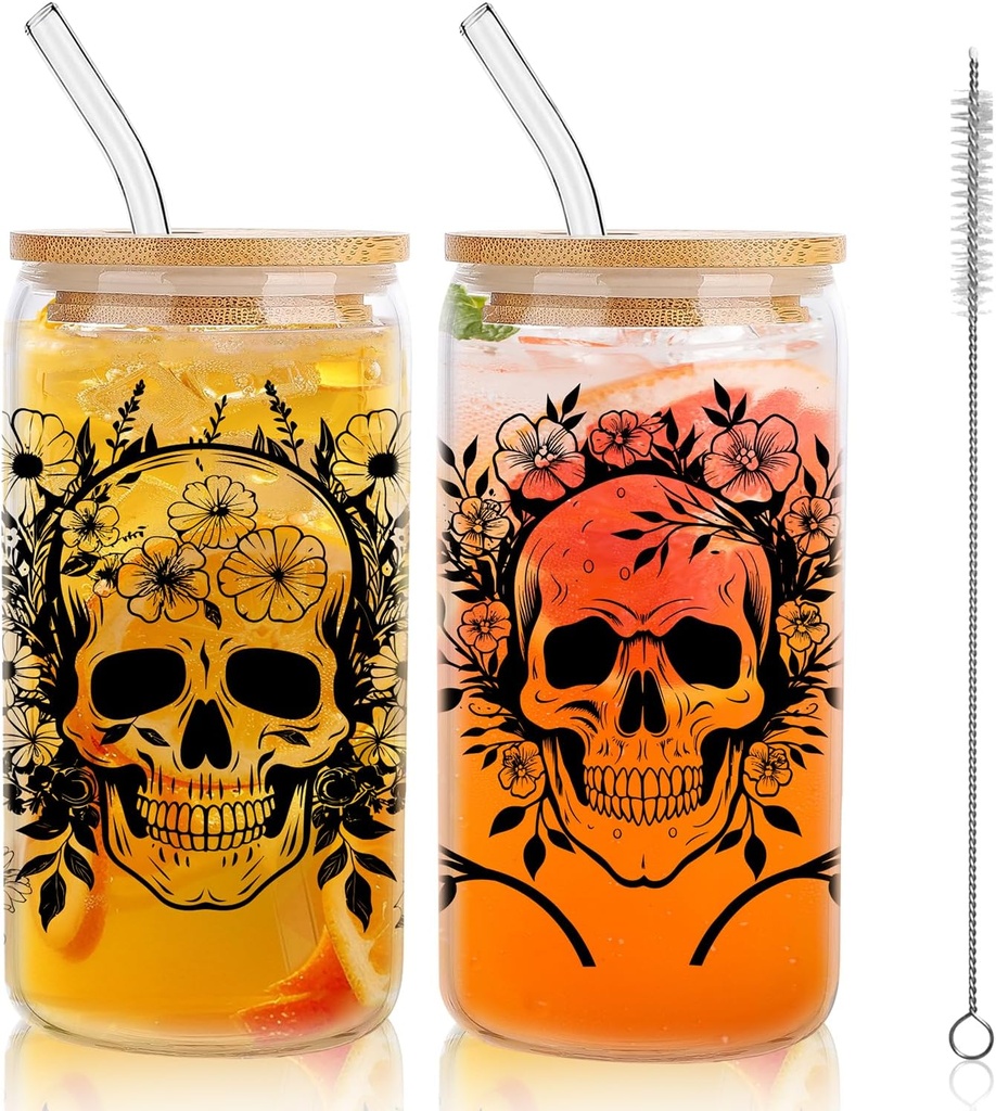 Halloween Drinking Party Glass Cups with Lids and Straws - Skull Tumbler, Iced Coffee Cups for Halloween Party Favors,Trick-or-Treat Gifts