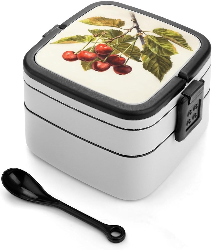 Art Cherry Painting Bento Box with Compartments Double Layer Bento Lunch Box with Spoon And Handle All-in-One Adult Lunchbox Leakproof Lunch Container for Work Picnic Travel