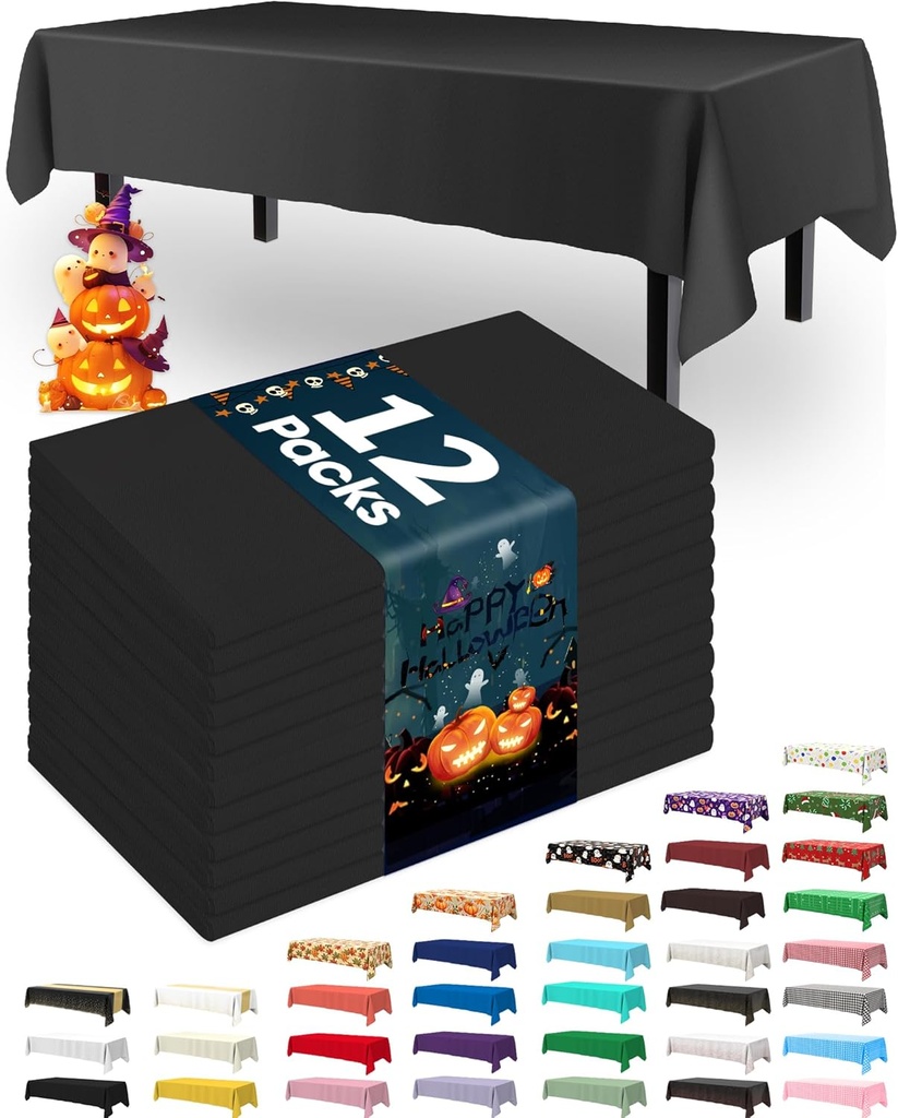Pureegg Plastic Table Cloth Disposable 12 Pack, 54 x 108 Inch Table Cloths, Party, Picnic, Halloween, Decorative Tablecloths, Rectangle, White Plastic Cover, Leakproof & Sturdy, Black