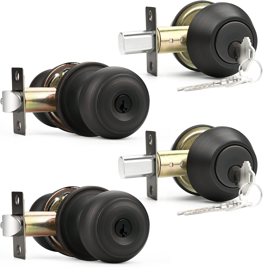 Probrico Front Door Entry Handles Lockset and Double Cylinder Deadbolt Combination Set, Oil-Rubbed Bronze (2 Pack) Keyed Alike