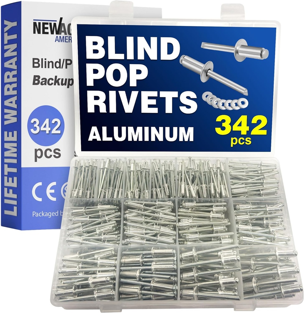 New Age America® 342pcs Blind Pop Rivets & Backup Washers | 3/32" to 1/4" | Silver | 14 Sizes | SAE Size Aluminum Rivets & 304 Stainless Steel Backup Washer | Rivet Kit w Steel Mandrel | Labelled Case