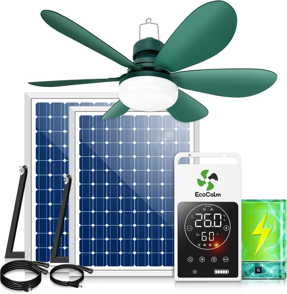 Solar Ceiling Fan Light with Battery, 20" Outdoor Ceiling Fans with Adjustable Thermostat & 2pcs 15W Bifacial Solar Panels, Solar Powered Fan for Gazebo, Chicken Coop, RV (Green)