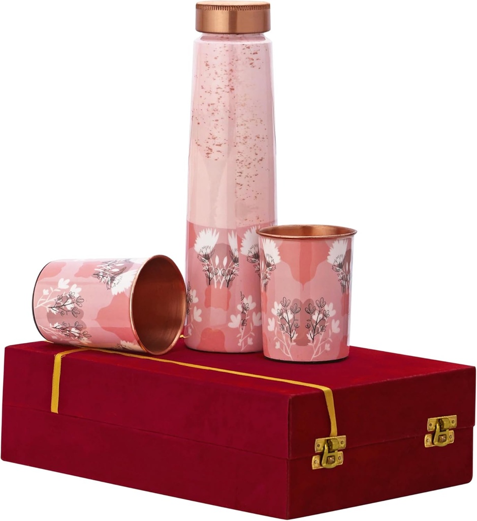 Copper Bottle 2 Glass Gift Set (Dual Meena pink) by crockery wala and company