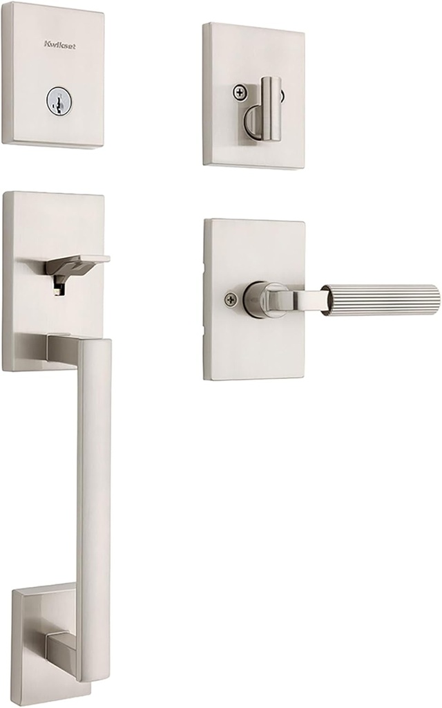 Kwikset San Clemente Front Door Lock Handle and Deadbolt Set, Entry Handleset with Mirada Reversible Lever, Satin Nickel, Pick Resistant SmartKey Rekey Deadbolt Security, with Microban Protection