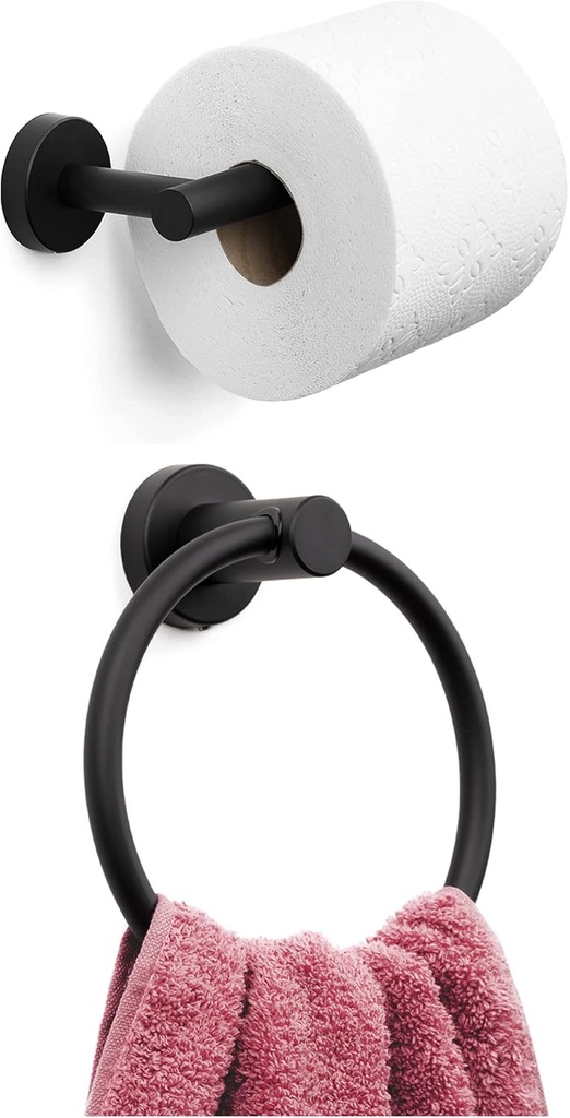 Marmolux Acc 2 PCS Matte Black Bathroom Hardware Set - Hand Towel Holder for Bathroom Wall + Black Toilet Paper Holder Wall Mount | Towel Holder Hanger Rack Stainless Steel Bathroom Set - Towel Rack
