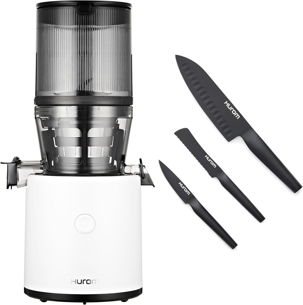 Hurom White H320 Slow Juicer with German Steel Knife Set, Self-Feeding Cold Press Juice Machine, Corrosion-Resistant and Non-Stick Coated Blades, High Yield, BPA Free (500ml/ 16oz)