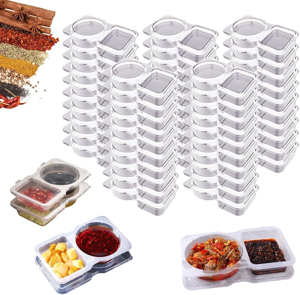 50 PCS Double Compartment Condiment Containers, Small Snack Containers with Lids, Clear Snack Packs Container for Take-out Sauces, Salad Dressing, Travel Snacks (Transparent)