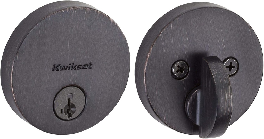 Kwikset 92580-003 258 Uptown Low Profile Slim Round Modern Contemporary Single Cylinder Deadbolt Door Lock featuring SmartKey Security Venetian Bronze