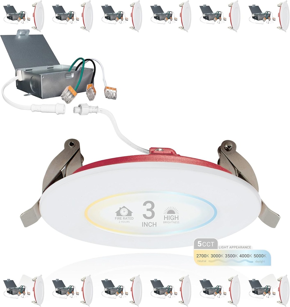 NUWATT 12 Pack Fire Rated 3 inch LED Recessed Lighting, Dimmable 3" LED Wafer Lights, 5CCT 2700K/3000K/3500K/4000K/5000K, 8W, 550LM, No Cone Needed, CRI90 Wet & IC Rated Canless Recessed Lighting, ETL