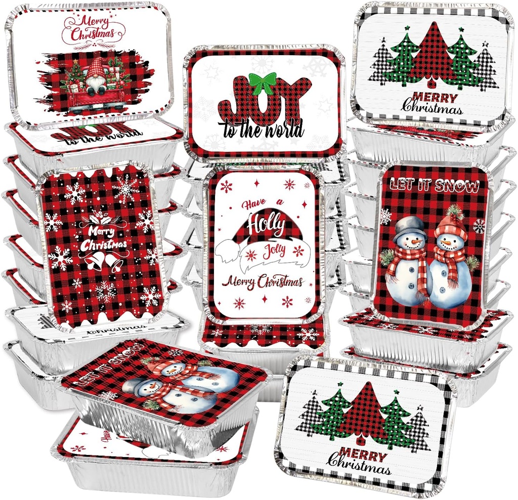 Fancy Land 36 Pcs Christmas Leftover Containers with Lids Black and Red Plaid Disposable Aluminum Food Containers for Cookie Treat Holiday Winter Party Supplies
