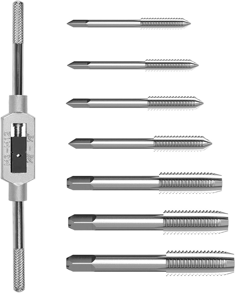 8PCS Metric Tap Set,Tap and Die Set,Hand Screw Thread Taps Set,Mini Metric Plug Tap Screw Tap Drill Tap Drill Set Tapping tool M3 M4 M5 M6 M8 M10 M12 with Adjustable Tap Wrench Tool 1/16-1/2"