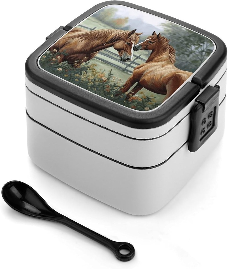 Stackable Double-Layer Bento Box Animals Embroidery Paintings Horses Adults Lunchbox With Spoon Cute Japanese Bento Box Dishwasher Safe for Work Travel Dining Outc