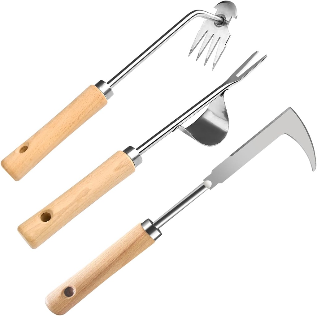 Weed Puller Tool, 3 Pack 2025 New Garden Stainless Steel Weeder Tool Hand Weeder Tool,Multi-Purpose Weed Remover Tool Weeding Tools for Gardening(Wooden Handle)