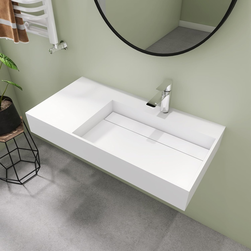 SJ STAR&JANE 36" x 18" Solid Surface Bathroom Vessel Sink, Wall-Mount Sink, Right Bowl Stone Resin Countertop,Durable Floating Vanity Sink