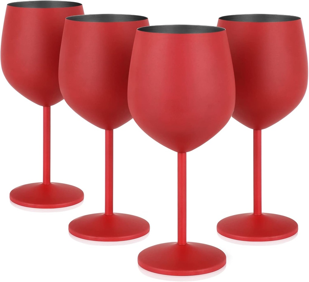 Lifecapido Stainless Steel Wine Glasses Set of 4, 18oz Stainless Steel Wine Goblets, Stemmed Metal Wine Glasses with Cup Brush for Party Office Wedding Anniversary, Great for Red White Wine (Red)