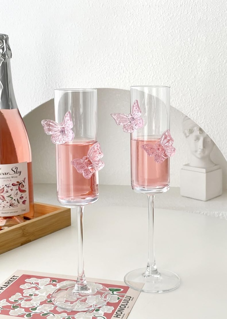 2Pcs Pink Butterfly Wine Glasses, 3D Butterfly Champagne Cups Drinking Glasses Fashioned Wine Cocktails Glassware Romantic Champagne Glasses for Weddings Engagements Party Gifts (Smooth Style)