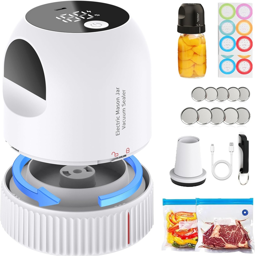 3 in 1 Electric Mason Jar Vacuum Sealer Kit, Auto Stop Jar Vacuum Sealer for Mason Jar Wide & Regular Mouth & Sous Vide Bags Compact vacuum sealer for Food White