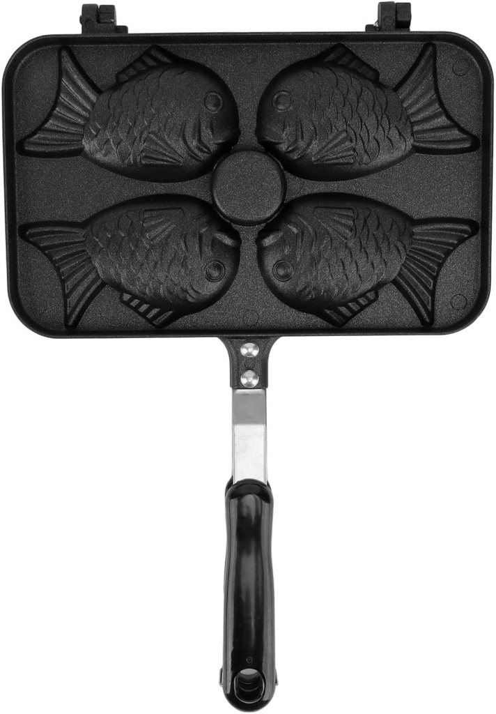 Taiyaki Frypan 4 Grids Non Stick Waffle Pan, Double Sided Fish Shaped Cake Pan with Scalding Handle, Aluminium Alloy Waffle Maker for, for Breakfast Lunch