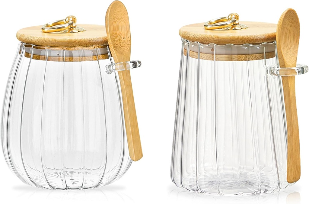 2 Pcs Glass Jars with Bamboo Lids and Spoon, Sugar Container Set, Coffee Grounds Container, Jars for Overnight Oats, Loose Leaf Tea Storage, Spice Jars for Countertop (2)